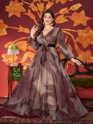Image of Spring Summer 2024 Plus Size Womens Dresses V Neck Casual Elegant Long Sleeve Floral Print Maxi Dress