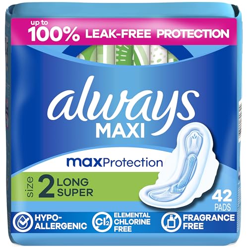 Always Maxi Feminine Pads with Wings for Women, Size 2, Long Super Absorbency, Unscented 42 Count - image 1