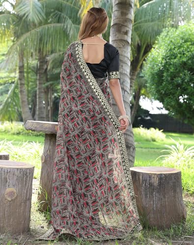 Image of Yashika Women's Georgette Saree with Lace Border |Solid Digital Printed Saree for Women