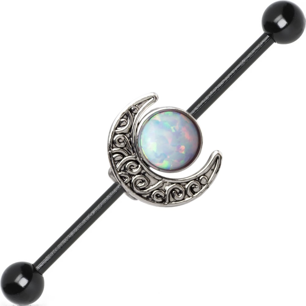 BodyJewelryOnline3PCS 14G Stainless Steel Opal Moon Industrial Barbell Earring Cartilage Ear Piercing Jewelry 32mm-38mm Black IP Coated Industrial Piercing Bar with Removable Moon Charm