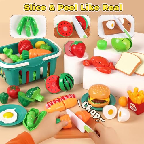 LovesTown 59PCS Play Kitchen Accessories with Basket, Pink Pretend Play Food Set for Kids with Pots Pans Tableware Kitchen Cooking Toys for Toddler Gifts for Boys Girls - Thumbnail 3