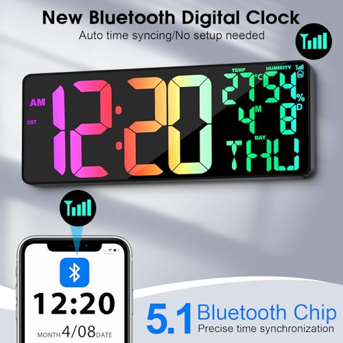 Xflyee 11 Rgb Color Changes Large Digital Wall Clock/Bluetooth Auto Time Sync, Remote-Controlled Digital Wall Clock Large Display With Alarm/Timer Function, Dst, Indoor Temperature/Humidity Display thumb #1