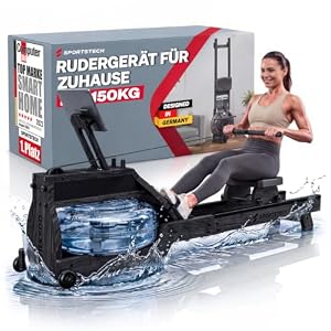 Sportstech, Rudergerät für Zuhause + FSC-zertifiziertem Naturholz WRX500 | Wasserrudergerät mit 10L Tank, bis 150 kg belastbar, LED-Knob-Display, Sportstech Live App, für Ganzkörpertraining zuhause