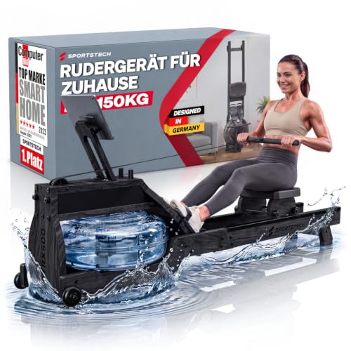 Sportstech, Rudergerät für Zuhause + FSC-zertifiziertem Naturholz WRX500 | Wasserrudergerät mit 10L Tank, bis 150 kg belastbar, LED-Knob-Display, Sportstech Live App, für Ganzkörpertraining zuhause
