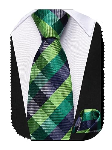 Hi-Tie D-0406C Green Navy Boys Tie Silk Plaid Checks Boys Tie 8-14 Kids Ties cover