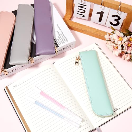 Image of GORGECRAFT Slim Design Soft Case Small PU Leather Aesthetic Pen Pouch Storage Bag Solid Color Portable Zipper Cosmetic Bag for Pen Markers Gifts (Aquamarine)