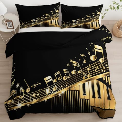 Parures de lit 280 x 240 cm Touches de Piano Dorées Notes de Musique Luxe Ensemble De Literie avec Fermeture Éclair Amateur de Musique Housse de Couette...
