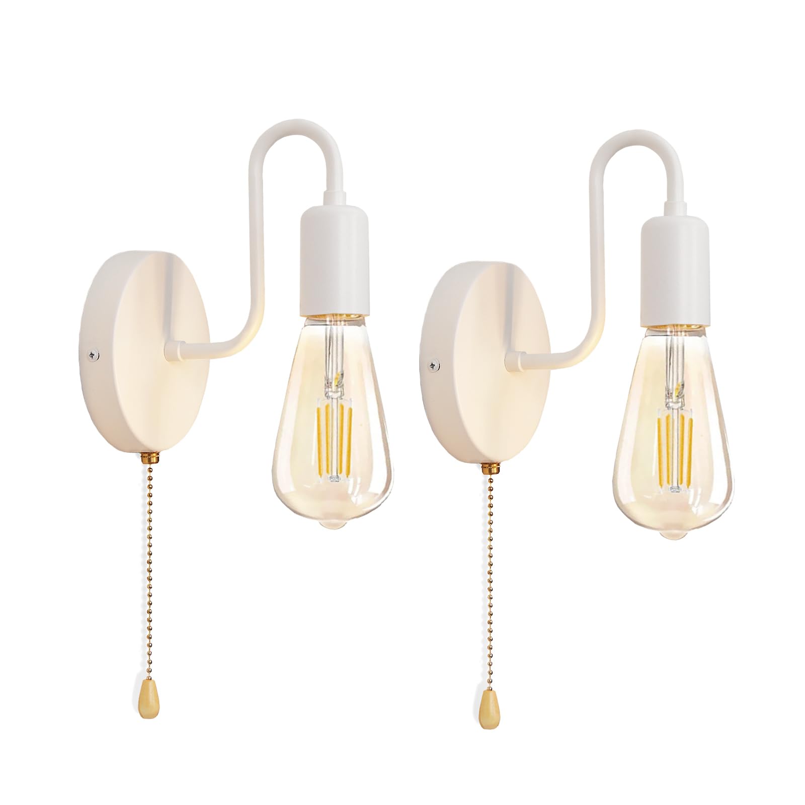 JZCDR Pack of 2 E27 Wall Light with Pull Cord White Edison Style Vintage Industrial Wall Lamp with Switch Bedroom Living Room Lighting Wall