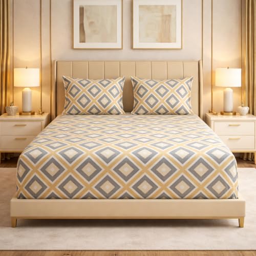 Image of BSB HOME Cloud Cotton King Size Fitted Bedsheet 78 x 72 + 10 Inches | 220 Thread Count Soft & Breathable Cotton Fitted Bed Sheet with Elastic, Deep Pocket Bedding for Home (Yellow)
