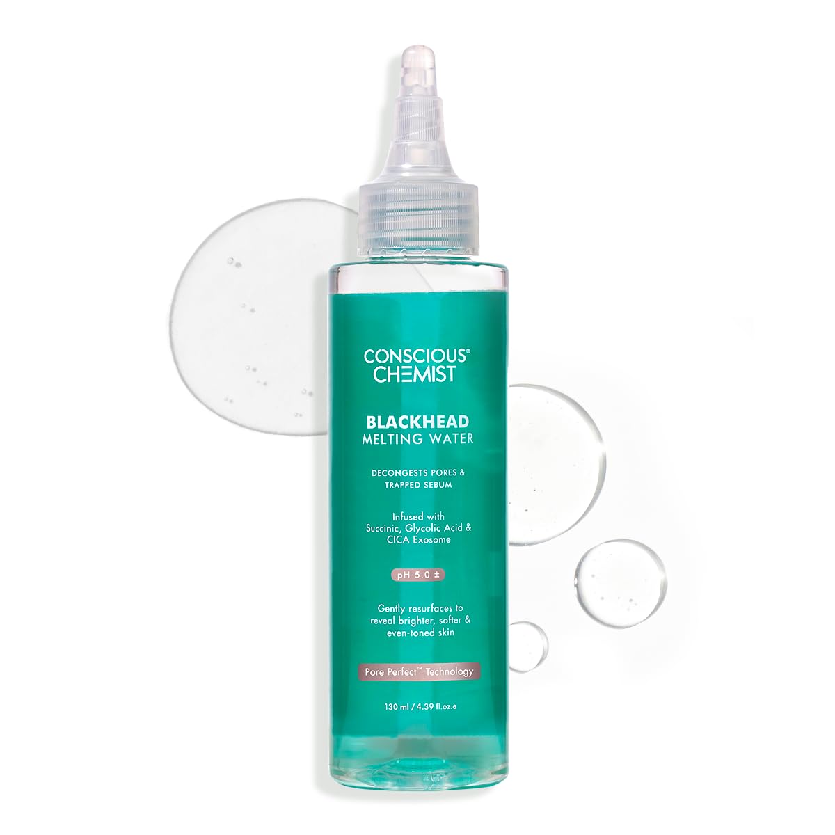 Conscious Chemist® Blackhead Melting Water | 130ml | Gentle Pore treatment with Succinic, Glycolic Acid & CICA Exosome | Unclogs Pores, Dissolves Blackheads & Smoothens Skin | Toner For Men & Women