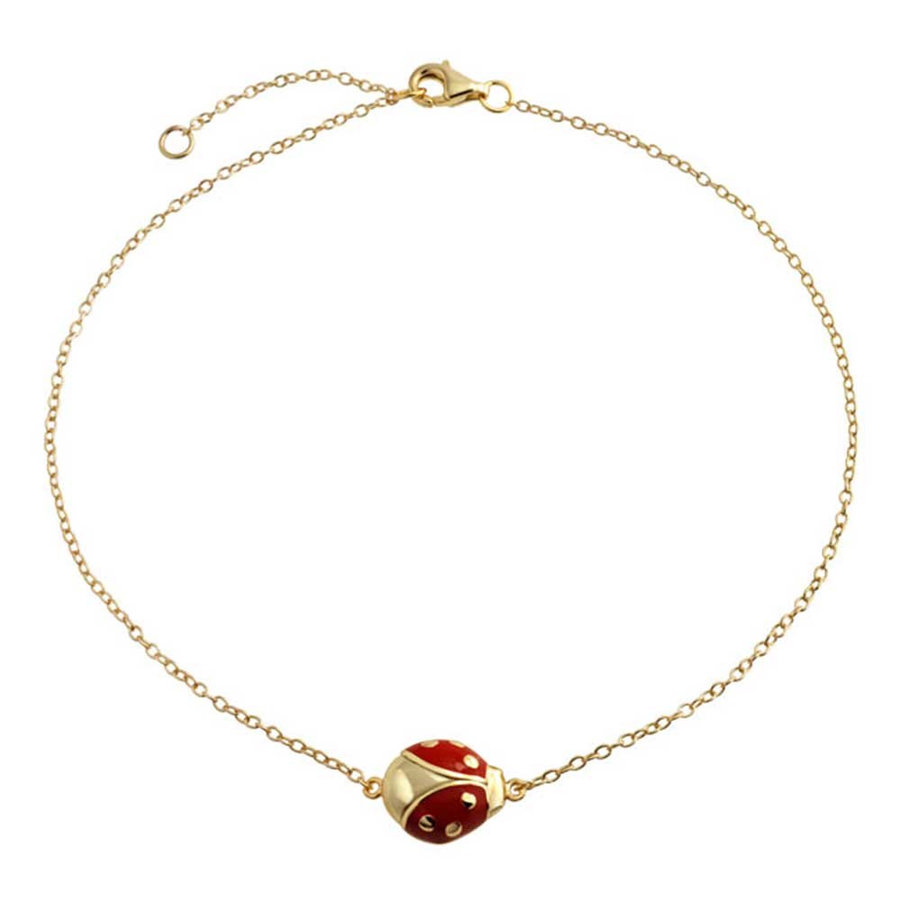 Bling Jewelry Cavigliera con ciondolo coccinella rossa e ape regina da giardino per donne e adolescenti, placcata in oro 14K, argento sterling .925, regolabile da 9 a 10 pollici.