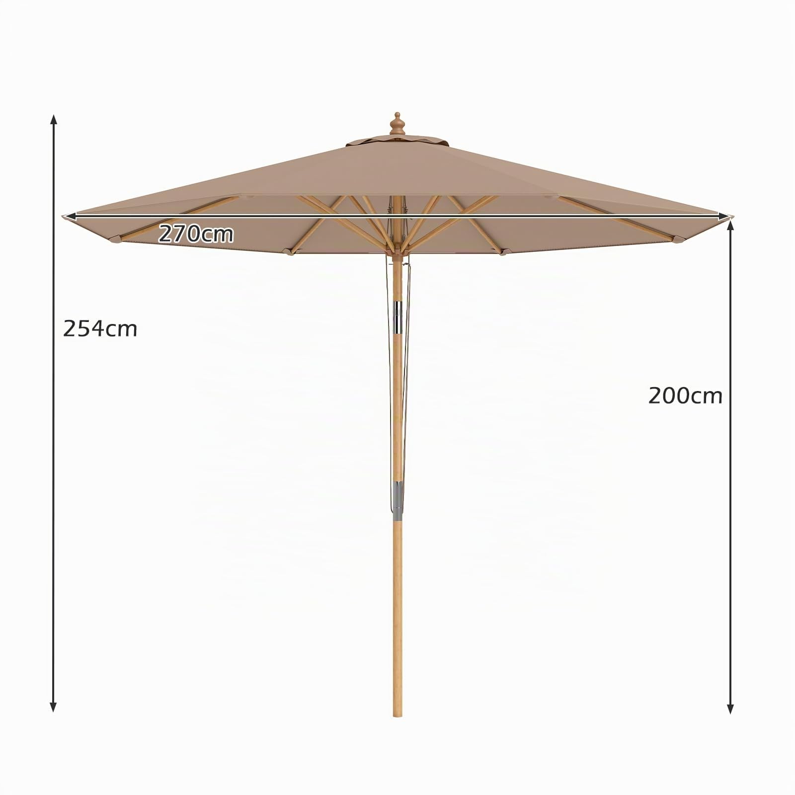 RELAX4LIFE Parasol Inclinable 270CM en Bambou, Parasol de Jardin Extérieur, 8 Baleines, Inclinaison 30°, Dessus Ventilée, Levage à Corde, 3 Positions, pour Jardin Terrasse Plage (Kaki)