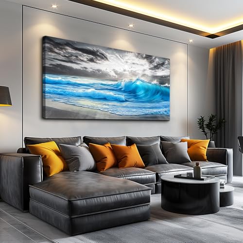 PHAOHUAXM Large Canvas Beach Wall Pictures Artworks Wall Decor For Living Room Canvas Wall Art For Bedroom Office Decorations Blue Sea Wave Ocean Paintings Modern Inspiration Home Decor 30x60 In