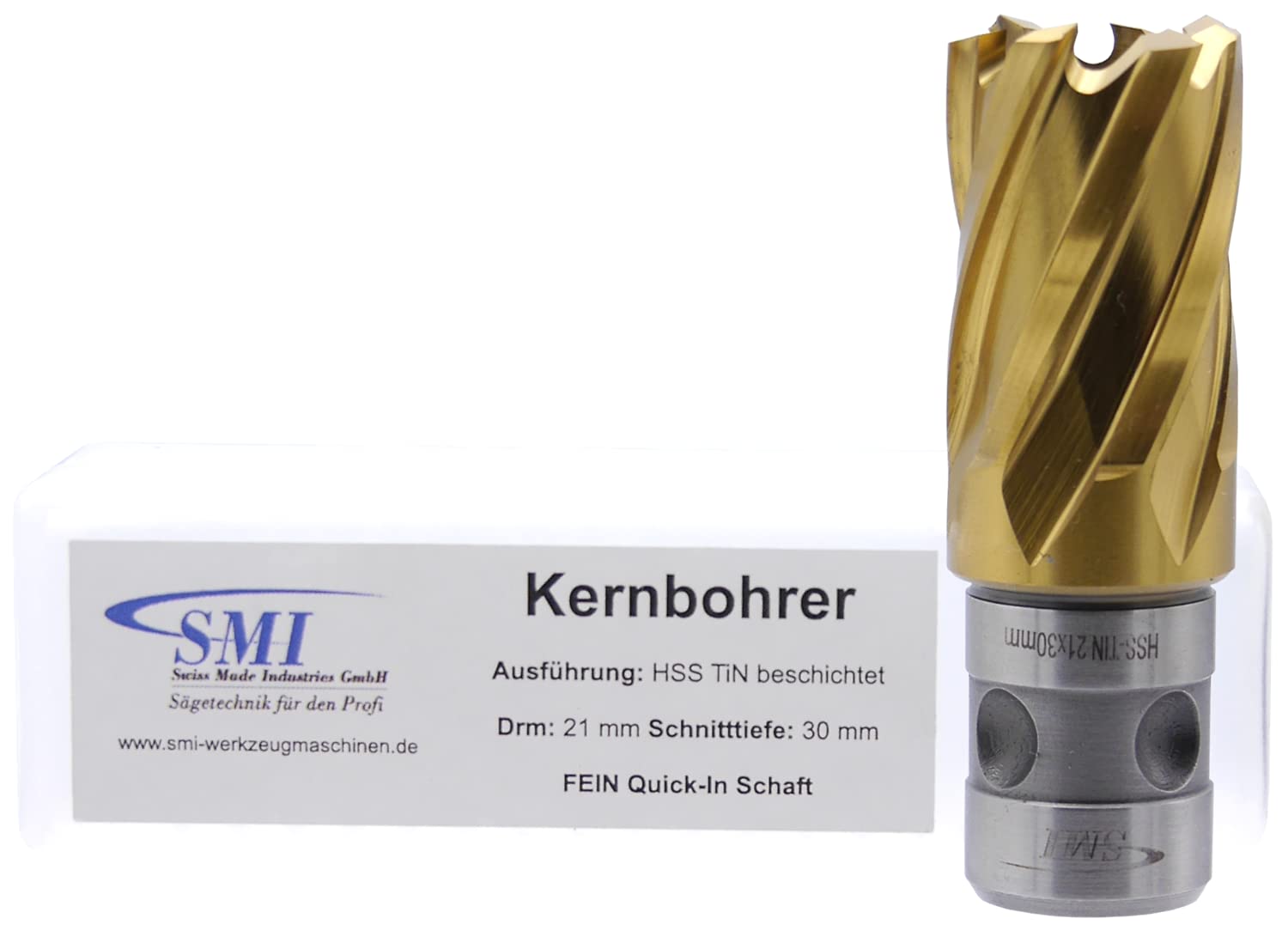 SMI HSS TiN Kernbohrer 21 mm Drm. Schnitttiefe 30 mm, Aufnahme FEIN Quick-In Schaft