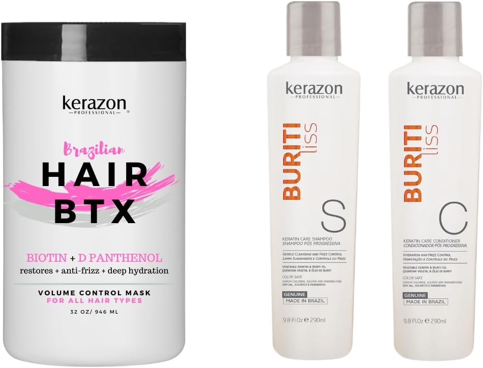 KERAZON Brazilian Hair BTX Treatment For All Hair Types + Sulfate Free and Sodium Free Shampoo & Conditioner KIT