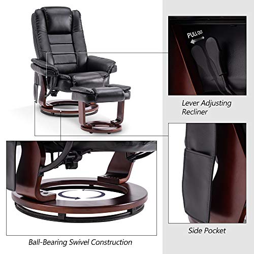 Mcombo Recliner With Ottoman Chair Accent Recliner Chair With Vibration Massage, Removable Lumbar Pillow, 360 Degree Swivel Wood Base, Faux Leather 9096 (Black) #TOP4