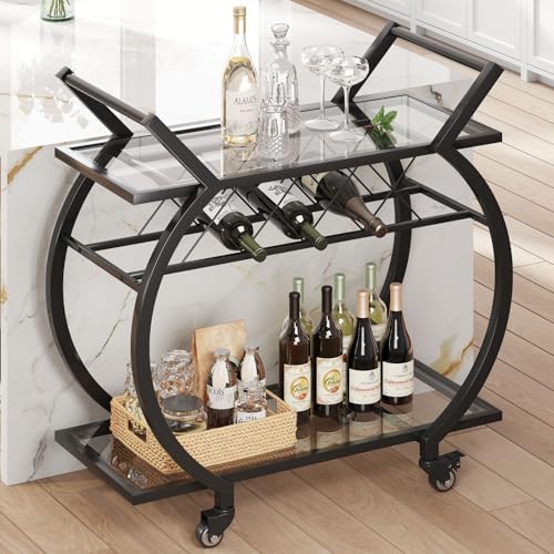 Image of LVB Bar Cart with Glass, Black Bar Cart with Wheels, Home Bar Serving Cart | 2 Tier Glass Shelves Bar Cart with Storage, Wine Cart with Wine Rack, Liquor Cart for Kitchen, Bar, Dinning Room