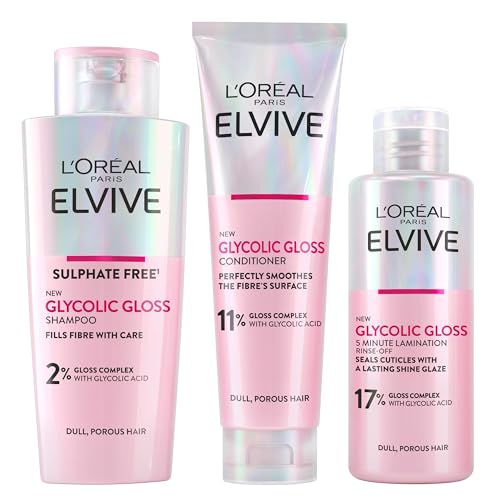 L'Oréal Paris Elvive Glycolic Gloss Shampoo and Conditioner Set for Dull Porous Hair, Get The Shiniest Hair of Your Life, Glossing Routine for Mirror-Like Shine