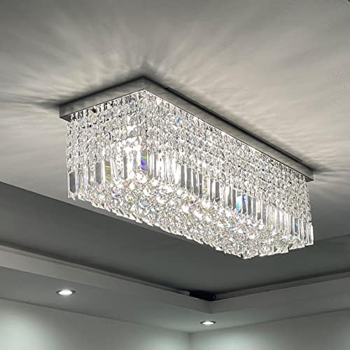 A1A9 Modern Crystal Chandelier Lighting, Luxury Rectangle Raindrop Elegant Ceiling Light Chrome Flush Mount LED Pendant Lights Fixture for Livingroom, Dining Room, Foyer, Stairway, Lounge, Bar, Club
