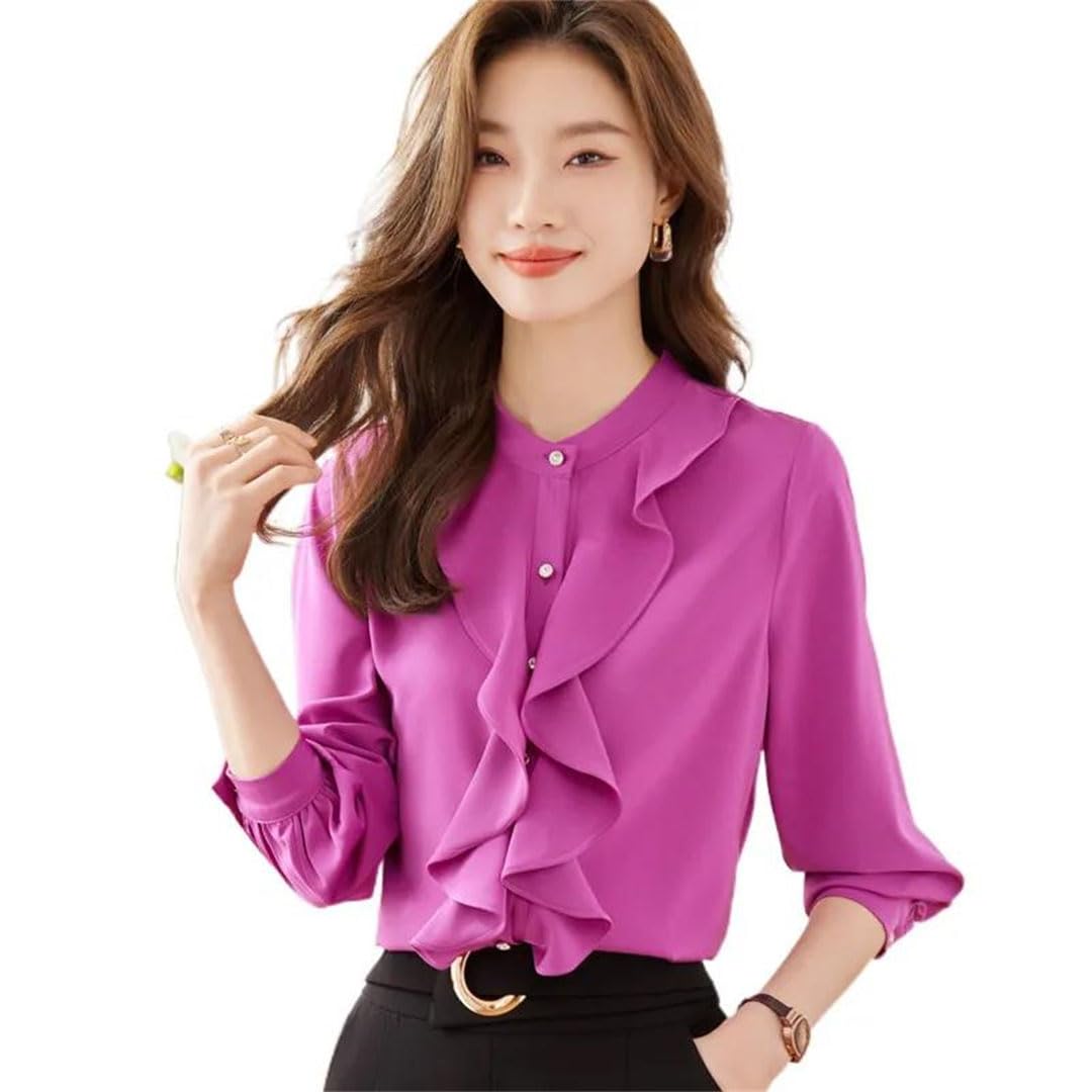 Blusa de manga larga para mujer, color morado, elegante, formal, para oficina, trabajo