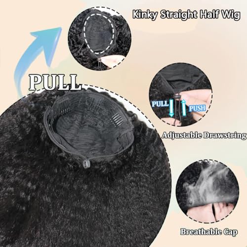3 In 1 Half Wig Human Hair 200 Density Kinky Straight Half Wig Wear And Go Glueless Wigs Human Hair Seamless Flip Yaki Straight Drawstring Wig Human Hair Invisible Hairline Beginner Friendly 16 Inch — view 3