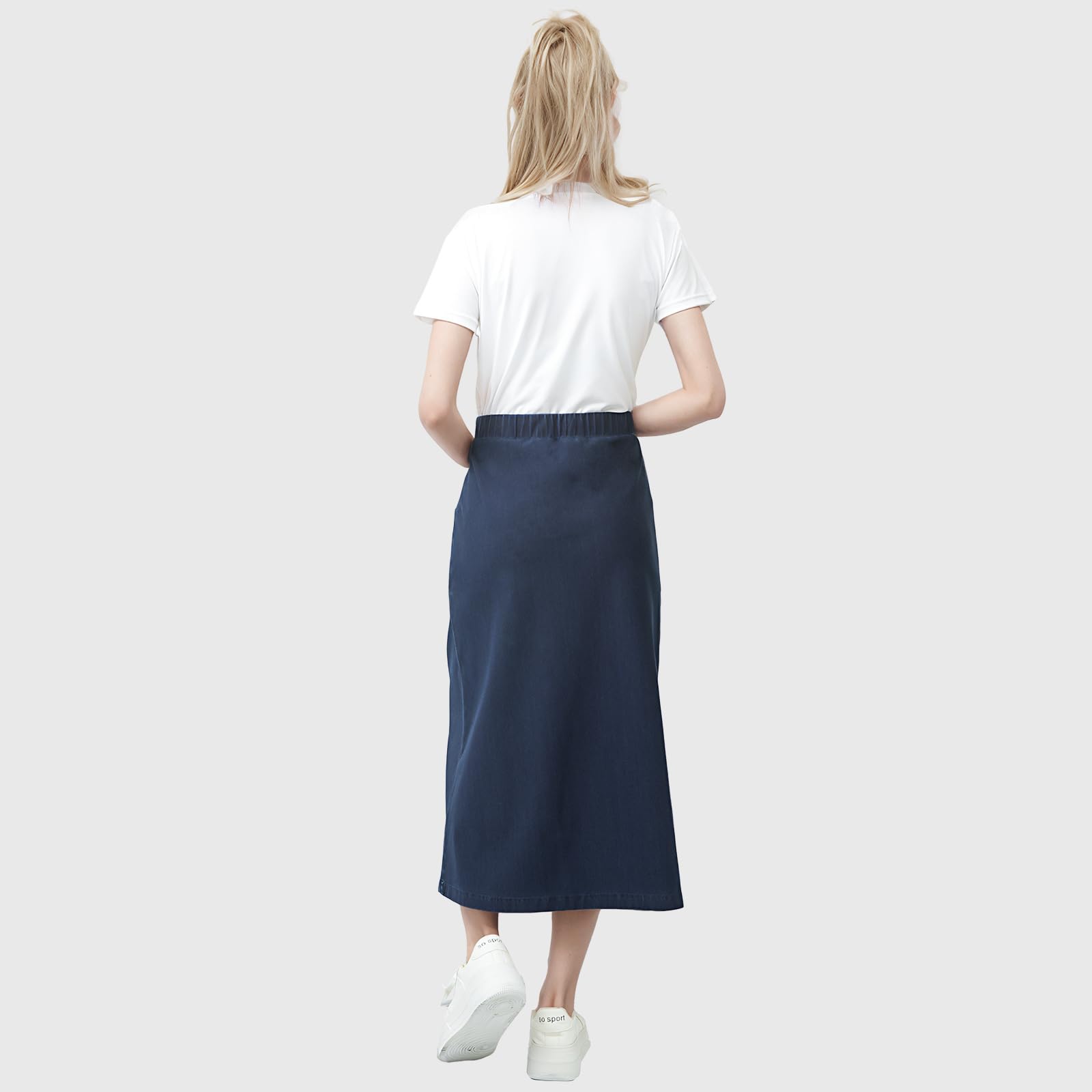 Faldas Vaqueras para Mujer, Denim Azul Lavado, Cintura Alta Elástica, Bolsillos Laterales, Faldas Midi De Corte A, Verano, Informal, Diario, para Salir, Elegantes, Parte Inferior