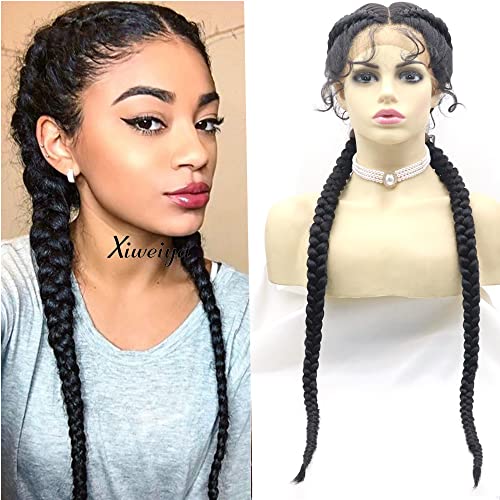xiweiya Long 36" Black Braided Wig French Braid with 2