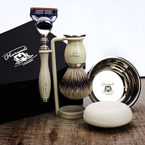 Haryali London 5 Pc Mens Shaving Kit 5 Edge Safety Razor With Silver Tip Badger Hair Shaving Brush, Stand, Soap and Bowl Perfect Set For Men