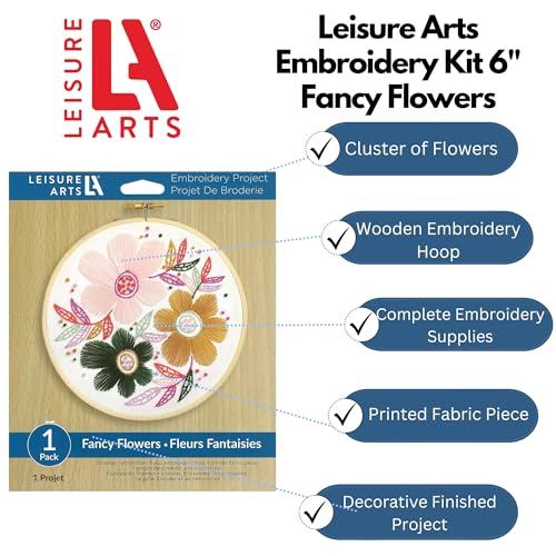 Image of LEISURE ARTS Embroidery Kit 6 inch Fancy Flowers - Embroidery Kit for Beginners and Adults, Cross Stitch Kits with Patterns, DIY Starter Set for Seasonal Craft Projects