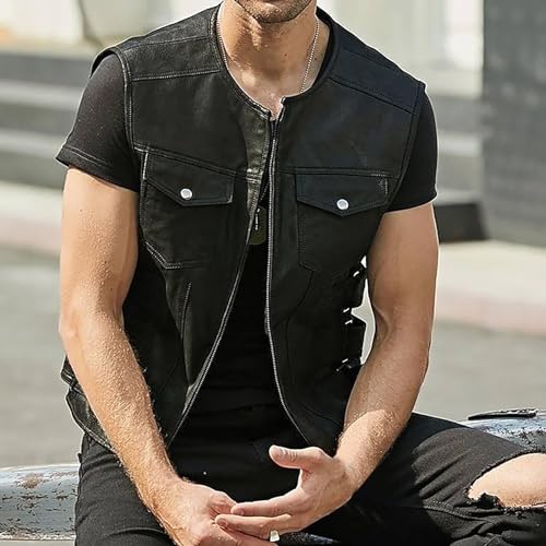 XUNRYAN Mens Faux-Leather Motorcycle Vest Sleeveless Casual Western Cowboy Vintage Riding Biker Vests w Pockets Winter Coat4
