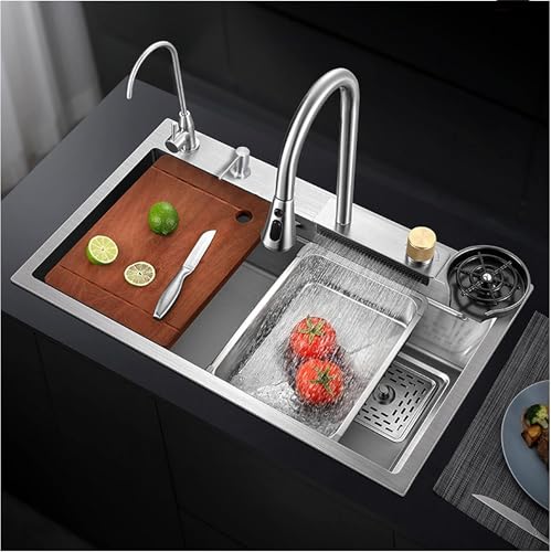Image of Fossa 37 inchx18 inchx10 inch 5-Year Warranty Single Bowl WaterFall Kitchen Sink with Integrated Waterfall mode and Pull Down Faucet with Steel Tray, Fruit Basket and Complete Accessories Set.