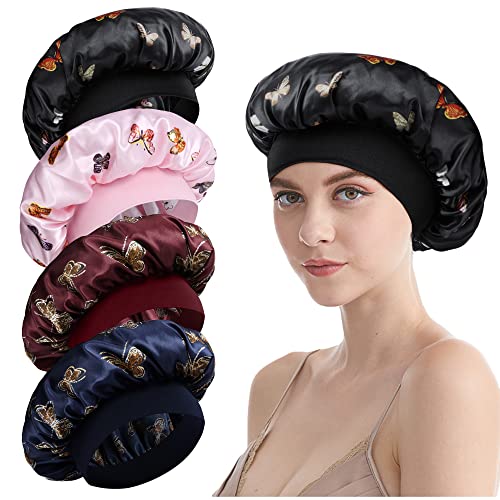 LADES Silk Satin Bonnet-4 Packs Women Satin Hair Bonnet for Curly Hair Satin Bonnet Silk Sleep Cap Silk Hair Wrap for Sleeping Black Hair