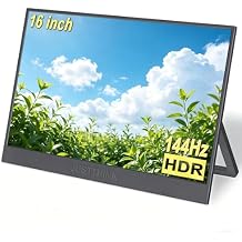 JUSTTHINK 16 Inch Portable Monitor, 144Hz FHD Portable Laptop Monitor 1920x1200 Ultra Slim External Gaming Monitor HDR Eye Care Travel Second Screen for Laptop PC Phone PS5 Switch Xbox