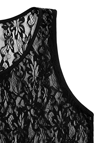 WDIRARA Men's Sleepwear 2 Piece Pajama Sets Floral Lace Mesh Tank Top and Panty Set4