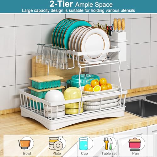 Image of 2 Tier Dish Drainer Rack for Kitchen with Drip Tray,Utensil & Cutting Board Holders for Kitchen Counter