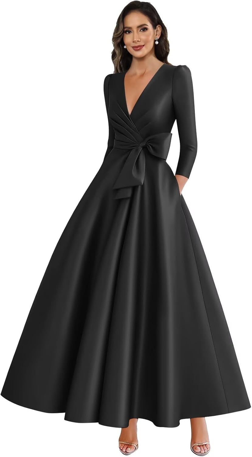 Satin Mother of The Bride Dresses for Women 3/4 Sleeves V Neck Formal Evening Dress with Pockets