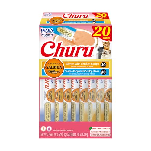 Image of INABA Salmon Churu Cat Treats, Lickable, Squeezable Creamy Puree Cat Treat with Green Tea Extract & Taurine, 0.5 Ounces Each Tube, 20 Tubes, Scallop & Chicken Variety Box