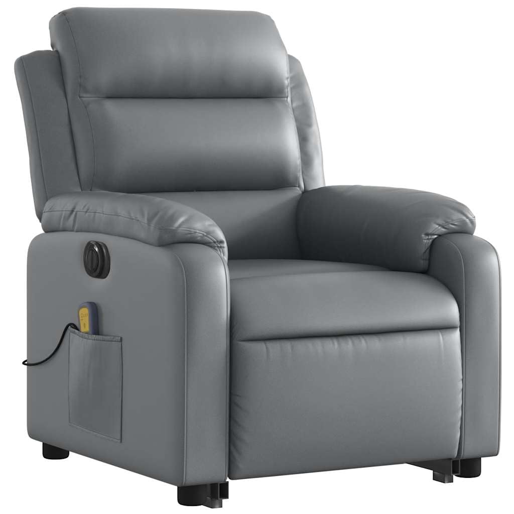 Sillón elevador eléctrico reclinable con masaje por vibración, gris de piel sintética, 6 puntos de masaje, función elevación e inclinación 135°, estructura estable,