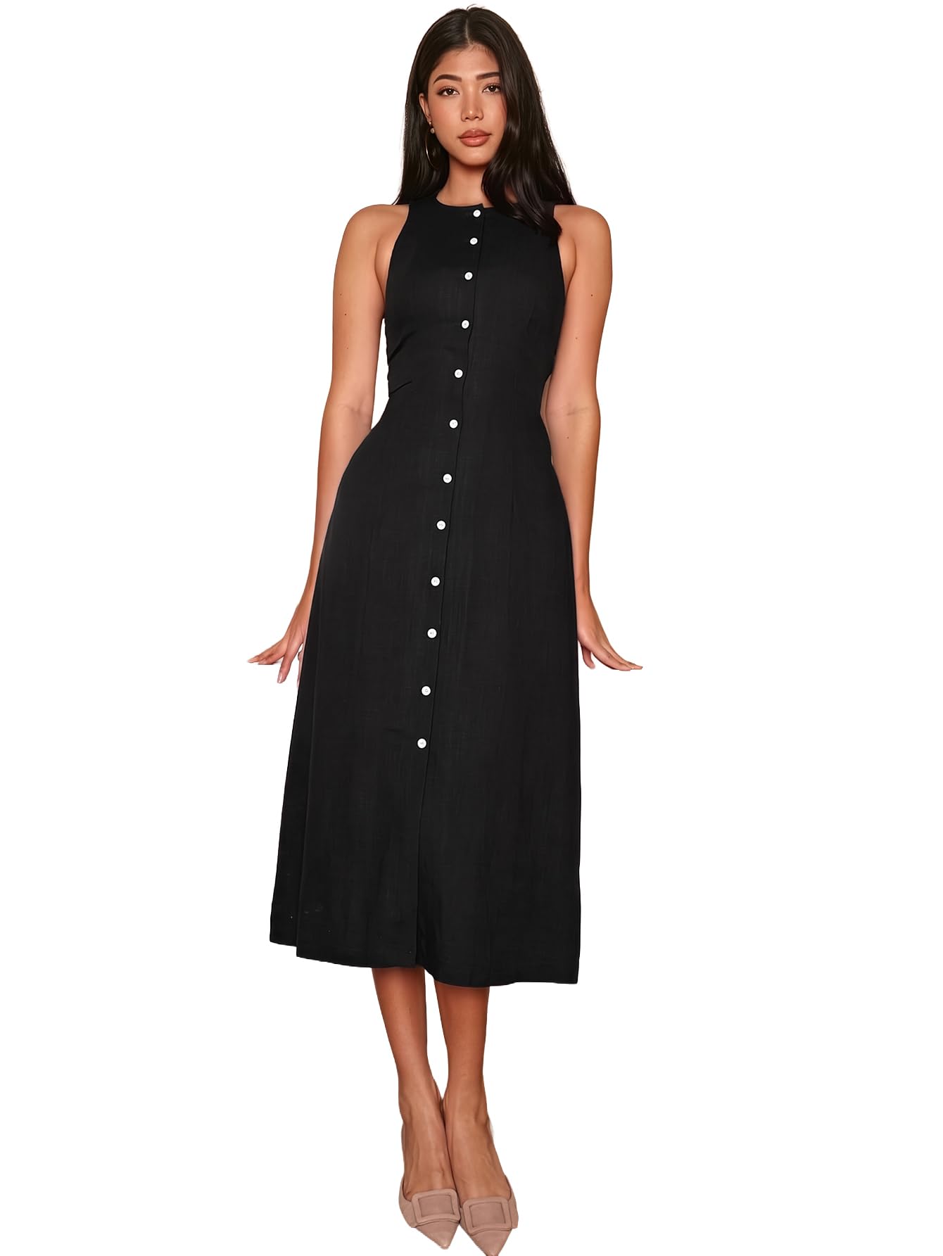Bonkers Corner Casual Cotton French Style Front Button Sleeveless Dress for Women's & Girl's in neutral