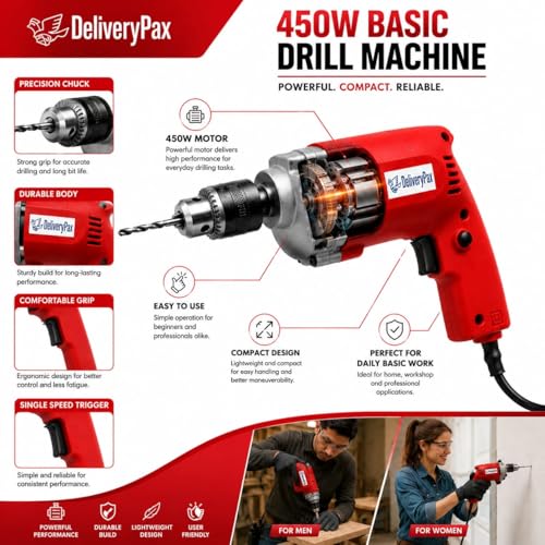 Image of Delivery Pax 450W Electric Drill for Home Use | Corded Drill for Wood & Light DIY Work | Includes 5 Drill Bits | Drill Machine for home use