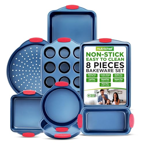 NutriChef 8-Piece Nonstick Bakeware Set – Durable Carbon Steel Bakeware with Silicone Handles – Baking set Includes Cookie Sheet, Muffin, Cake, Pizza & Roasting Pans – Even Heating, Easy Cleanup