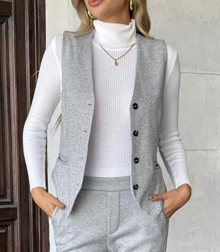 heipeiwa Women's Wool Blend Suit Vest Top Vintage Tweed Vest Button Down Sleeveless V Neck Waistcoat Blazer2