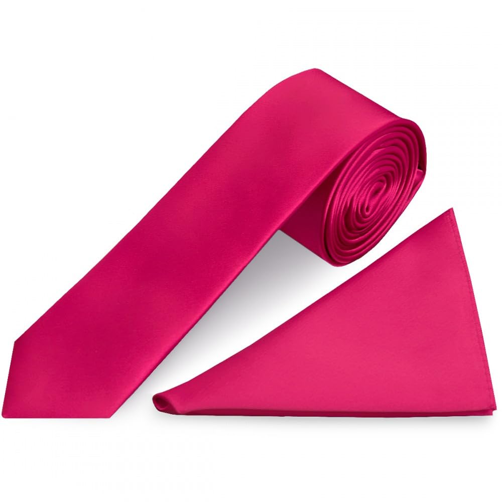 Ties R Us Men's Cerise Pink Plain Satin Skinny Tie And Pocket Square Set