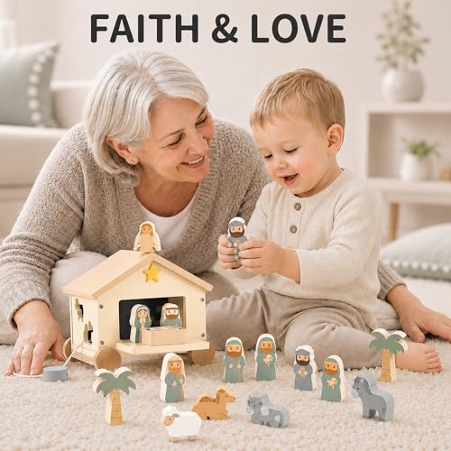 Wooden Nativity Set Montessori Toy for Toddlers 18M+, Pull Along Shape Sorter House, Christian Bible Toys for Kids, Baptism Gifts for Boys Girls, Christening, Baby Dedication & 1st Birthday Gifts - Image 6