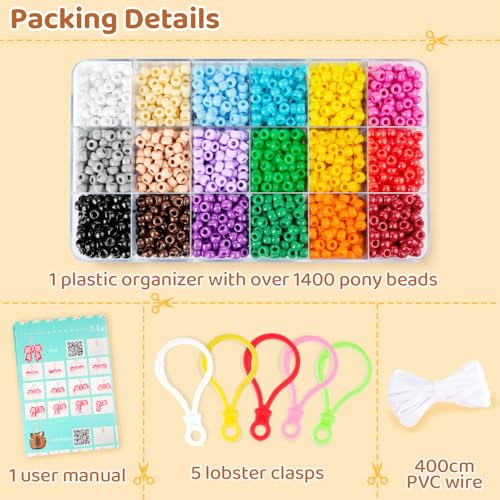 Image of 2600+pcs Pony Beads Kit, Plastic Multicolor Pony Bead Bulk with Elastic String 18 Color Rainbow Bead Pets DIY Crafts Jewelry Making Kit for Bracelets Bag Charm Necklaces Key Chains