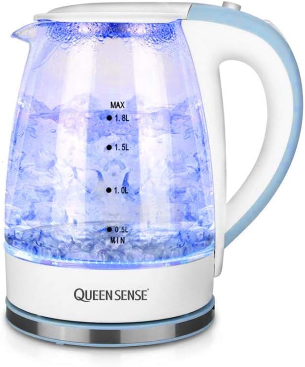 Queensense Electric Glass Kettle - 2 Liter Blue LED Illuminated Portable Office Use Pure Glass Cordless Auto Power Off Stainless Steel Quick Boil Tea Jug Kettle (GK2003-1.8L)