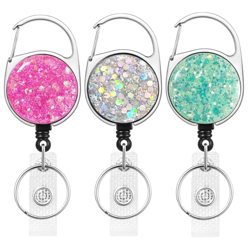 3 Stück Schwere Versenkbare Karabiner Ausweishalter Ausziehbar, FadyRaye Einziehbarer Schlüsselanhänger Ausweisrolle mit Gürtelclip für Krankenschwester Lehrer [Glitzer Niedlichen 65cm Nylonseil]