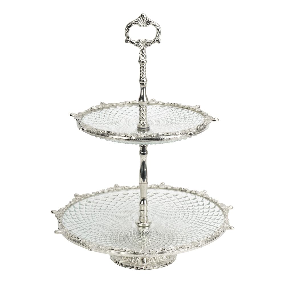 Brass and Crystal Glass 2-Tier Serving Tray Stand, Silver Nickel Finish, 14H x 10.5D Inches, 2 Tiered Serving Tray, Tiered Platter Serving Tray