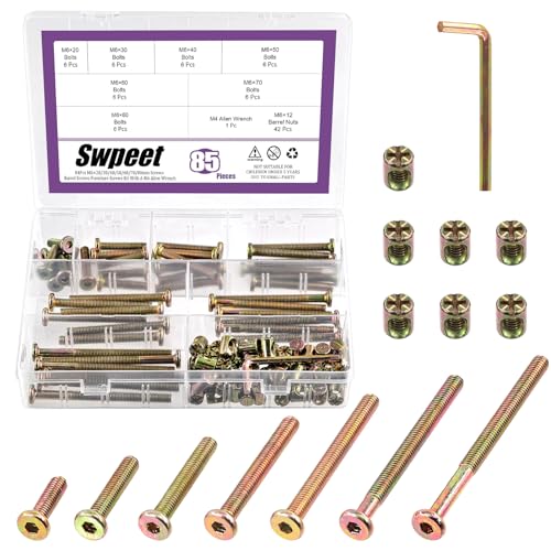 Swpeet Juego de 85 tornillos de zinc de colores M6 de 20/30/40/50/60/70/80 mm, cabeza hexagonal para cuna de bebé y tuercas de barril con 1 llave Allen, perfecto para muebles, cunas, tornillos de cuna