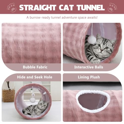 Image of Straight Bubble Cat Tunnel for Indoor Cats 47 inchx12 inch, Dusty Pink | Cute Cat Toys, Collapsible Tunnel Tube with Hanging Balls for Puppy Kitten Rabbit